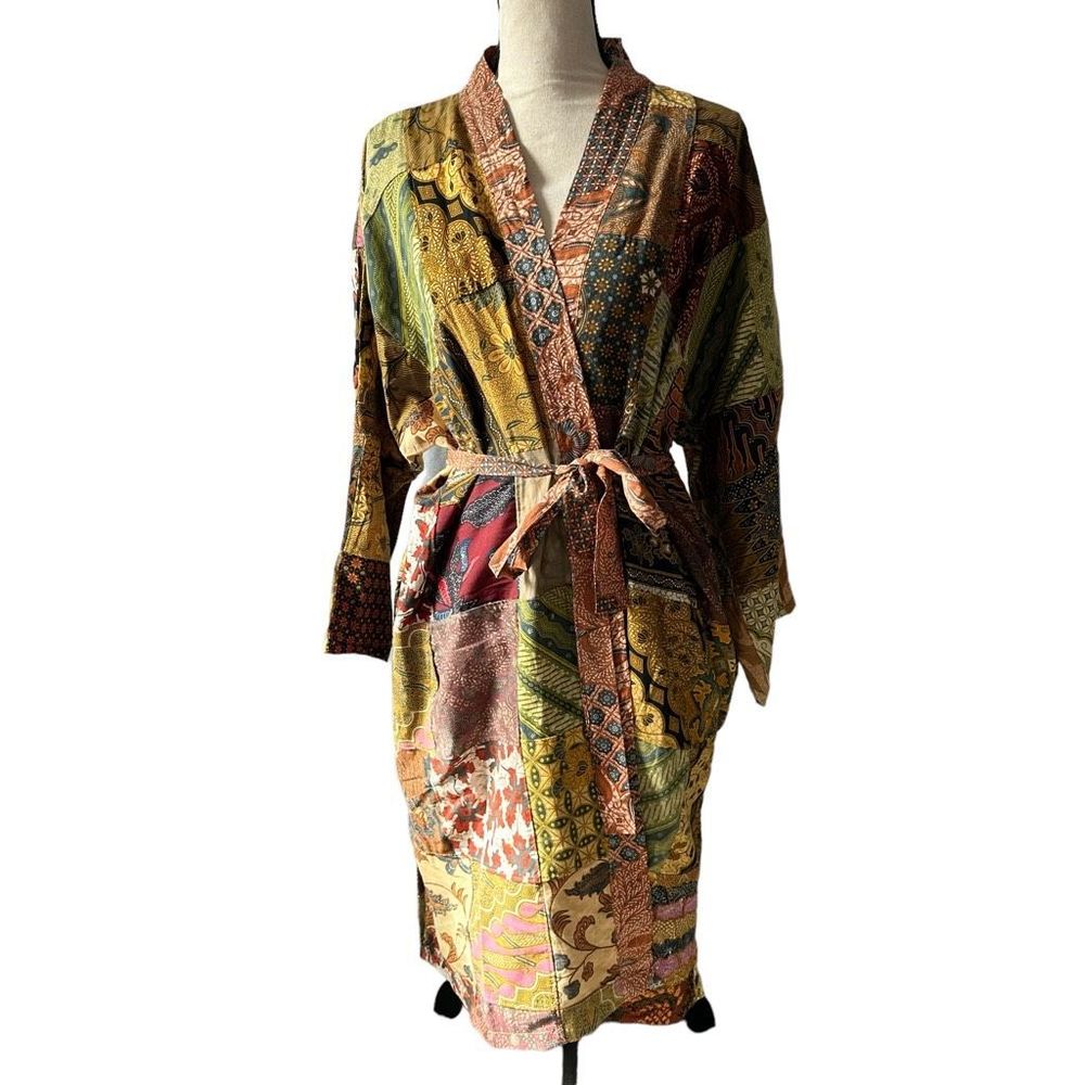 Jaded Gypsy Women’s XL Patchwork Multicolor Sunrise Kimono with Tie EUC Cotton